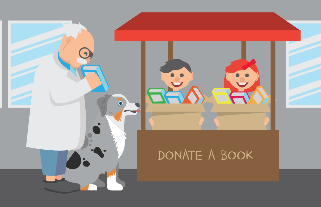 Professor and dog visiting a donation stand