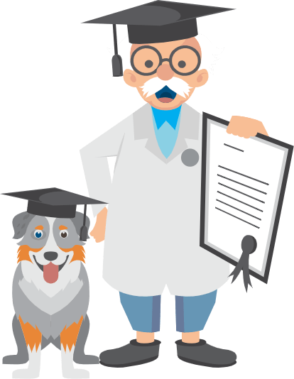 Professor and dog wearing graduation hats and holding a certificate