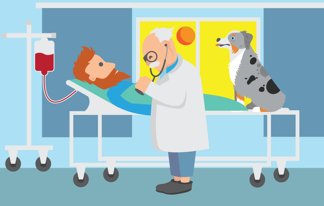 Professor and dog attending to a patient