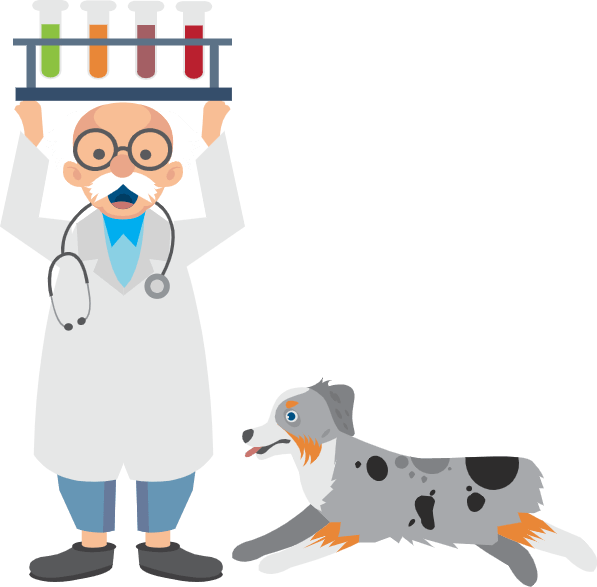 Professor holding test tubes with a dog